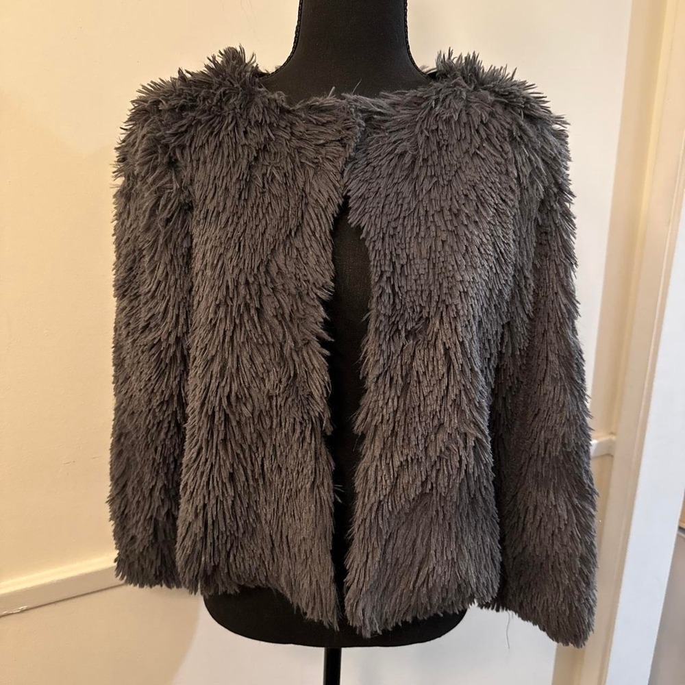 Vtg 90s Shaggy Fuzzy Jacket Grey Eyelash Knit Cropped Front Womens size medium